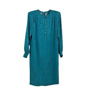 Liz Claiborne Silk Dress 4 Teal Polka Dot Satin Midi Long Sleeve 80's VTG Retro